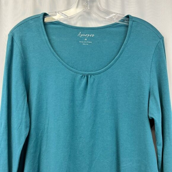 Apropos Womens Blouse Teal Long Sleeve Ruched Scoop Neck Stretch Cotton Solid M - Picture 5 of 10